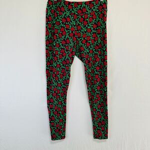 LuLaRoe Women's Tall & Curvy Leggings Red/Green Floral Pattern Black Background